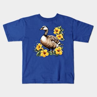 Cute Nene Hawaiian Goose With Yellow Hibiscus Kids T-Shirt